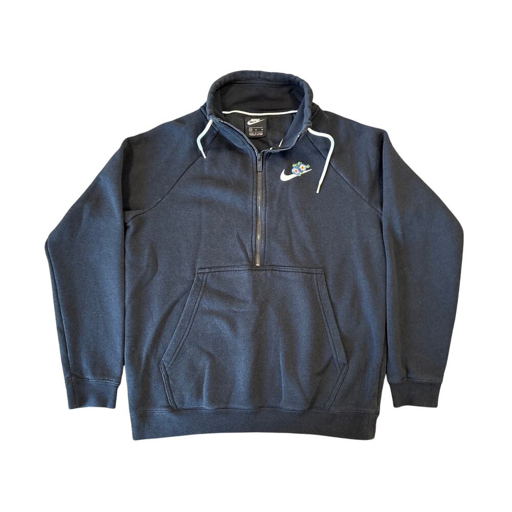 Nike Floral Swoosh Half Zip Pullover Sweatshirt Black Kangaroo Pocket Med 1/2